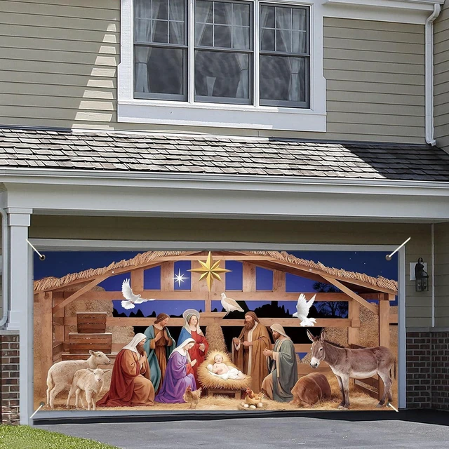 Alt view image 5 of 7 - 16x7ft Christmas Garage Door Banner Nativity Garage Door Covers Large Holy Nativity Stable Scene Christmas Backdrop Decorations for Winter Church Xmas Eve Holiday Outdoor Wall Decor(Religious)