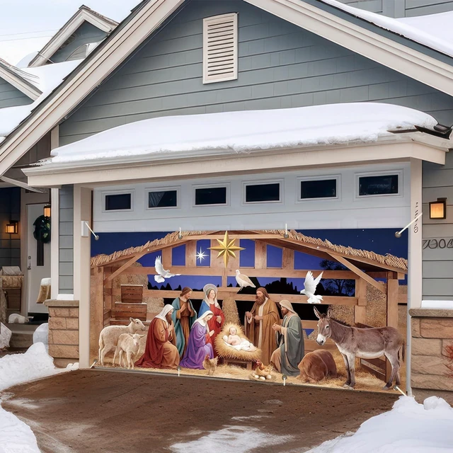 Alt view image 6 of 7 - 16x7ft Christmas Garage Door Banner Nativity Garage Door Covers Large Holy Nativity Stable Scene Christmas Backdrop Decorations for Winter Church Xmas Eve Holiday Outdoor Wall Decor(Religious)