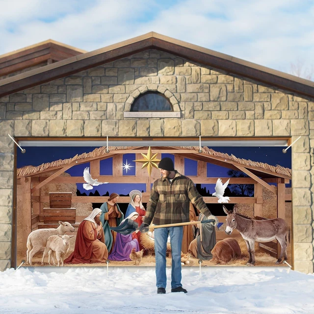 Alt view image 7 of 7 - 16x7ft Christmas Garage Door Banner Nativity Garage Door Covers Large Holy Nativity Stable Scene Christmas Backdrop Decorations for Winter Church Xmas Eve Holiday Outdoor Wall Decor(Religious)