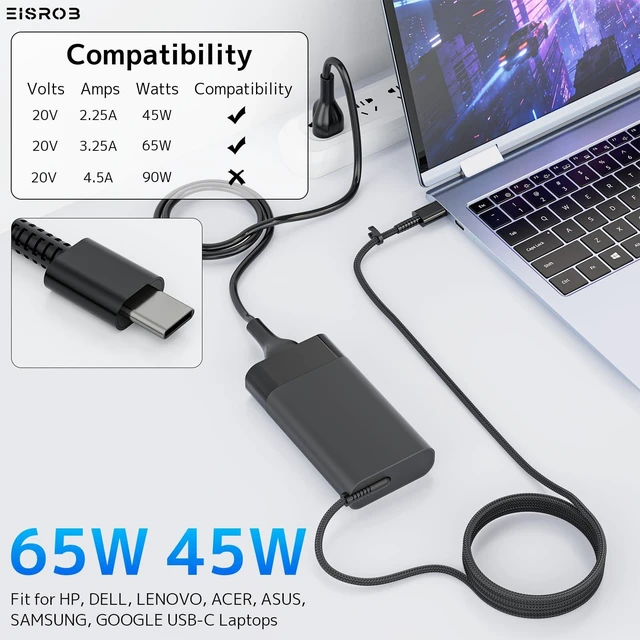 Alt view image 3 of 7 - 65W USB C Charger Fit for HP Envy EliteBook Spectre ProBook Laptop Adapter Fast Charging Cord Type C, GaN New Slim, 10ft Braided Power AC Adapter, Travel, Protable, EliteBook, Pavilion, Elite, ProBook