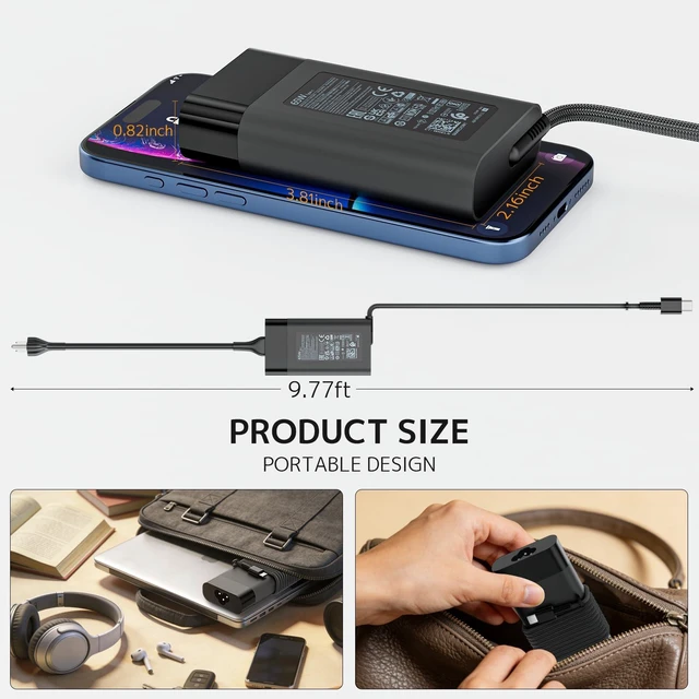Alt view image 6 of 7 - 65W USB C Charger Fit for HP Envy EliteBook Spectre ProBook Laptop Adapter Fast Charging Cord Type C, GaN New Slim, 10ft Braided Power AC Adapter, Travel, Protable, EliteBook, Pavilion, Elite, ProBook