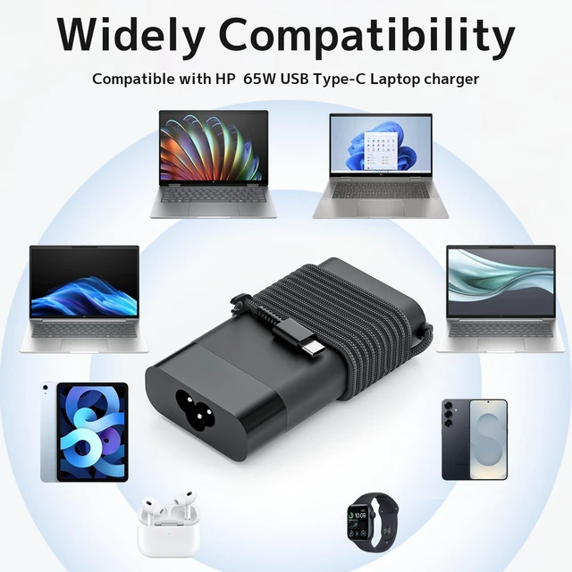 Alt view image 5 of 7 - 65W USB C Charger Fit for HP Envy EliteBook Spectre ProBook Laptop Adapter Fast Charging Cord Type C, GaN New Slim, 10ft Braided Power AC Adapter, Travel, Protable, EliteBook, Pavilion, Elite, ProBook