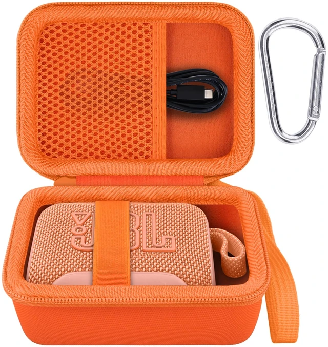 Main image of Hard Carrying Case for JBL Go 5 Ultra Portable Speaker, Orange Travel Case with Carabiner & Hand Strap, Shockproof Portable Storage Bag, Hard EVA Shell with Soft Velvet Lining, Case Only