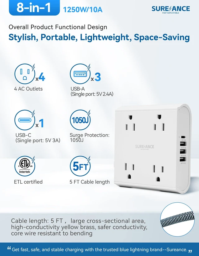 Alt view image 2 of 7 - 4-Outlet Power Strip with USB C- Surge Protector, 4 USB Ports, 1050J, 5FT Extension Cord, Flat Plug, Wall Mountable, ETL Listed - Desktop Charging Station for Home, Office, Dorm Essentials