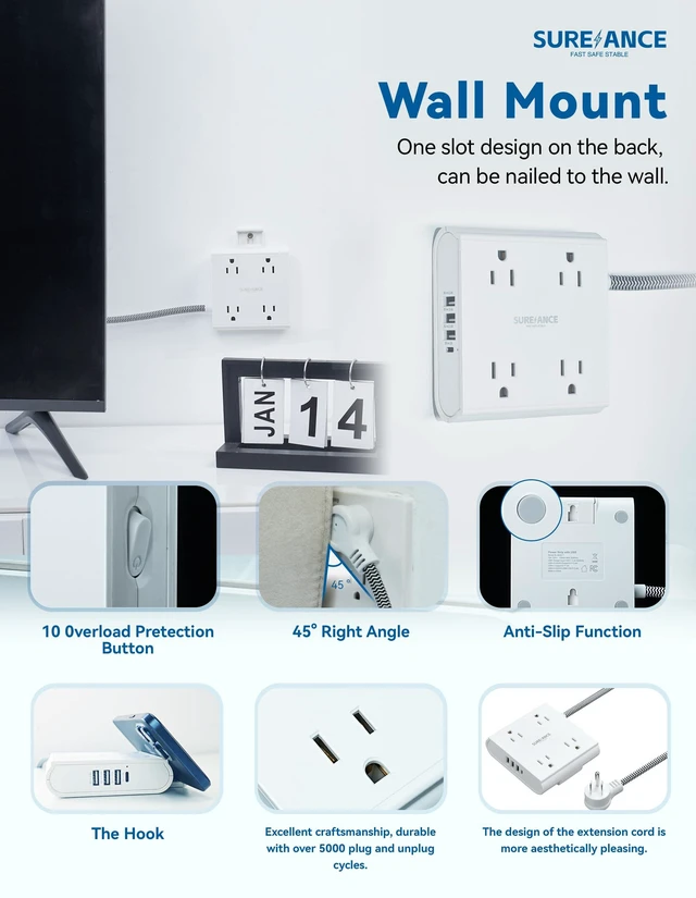 Alt view image 3 of 7 - 4-Outlet Power Strip with USB C- Surge Protector, 4 USB Ports, 1050J, 5FT Extension Cord, Flat Plug, Wall Mountable, ETL Listed - Desktop Charging Station for Home, Office, Dorm Essentials