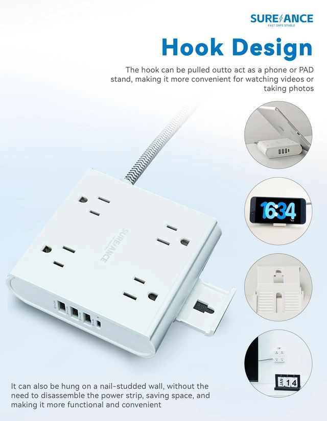 Alt view image 4 of 7 - 4-Outlet Power Strip with USB C- Surge Protector, 4 USB Ports, 1050J, 5FT Extension Cord, Flat Plug, Wall Mountable, ETL Listed - Desktop Charging Station for Home, Office, Dorm Essentials