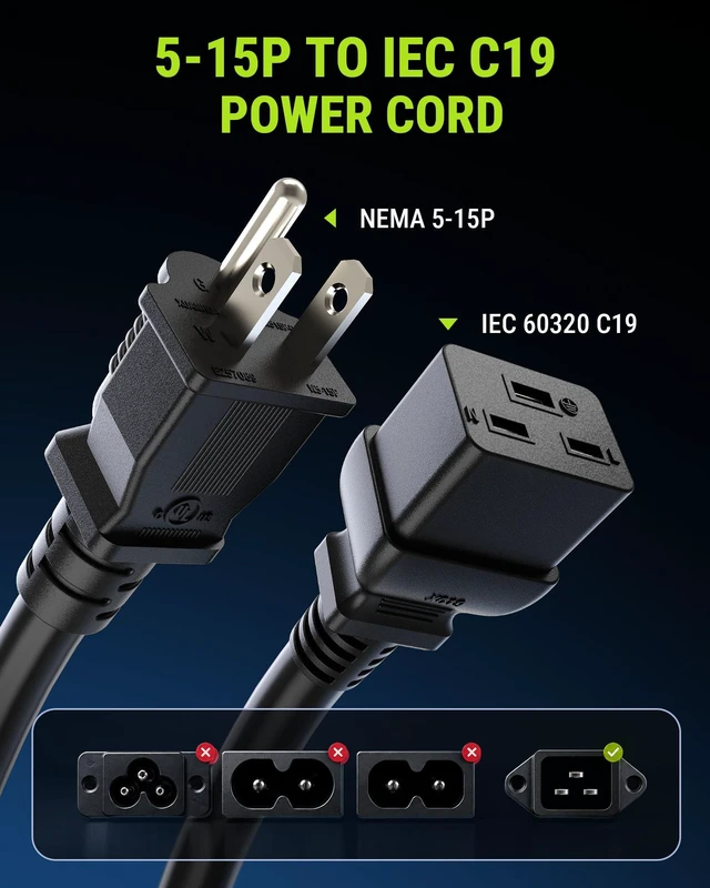 Alt view image 2 of 7 - UL Listed NEMA 5-15P to IEC C19 AC Power Cord, 12AWG 20A 125V, 9FT Heavy-Duty Power Cable Replacement for Rack Server, UPS, PDU, High-Power Computer, Network Data Center Equipment