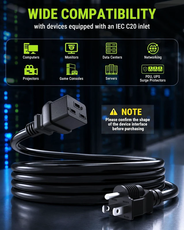 Alt view image 7 of 7 - UL Listed NEMA 5-15P to IEC C19 AC Power Cord, 12AWG 20A 125V, 9FT Heavy-Duty Power Cable Replacement for Rack Server, UPS, PDU, High-Power Computer, Network Data Center Equipment