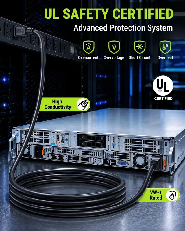 Alt view image 6 of 7 - UL Listed NEMA 5-15P to IEC C19 AC Power Cord, 12AWG 20A 125V, 9FT Heavy-Duty Power Cable Replacement for Rack Server, UPS, PDU, High-Power Computer, Network Data Center Equipment