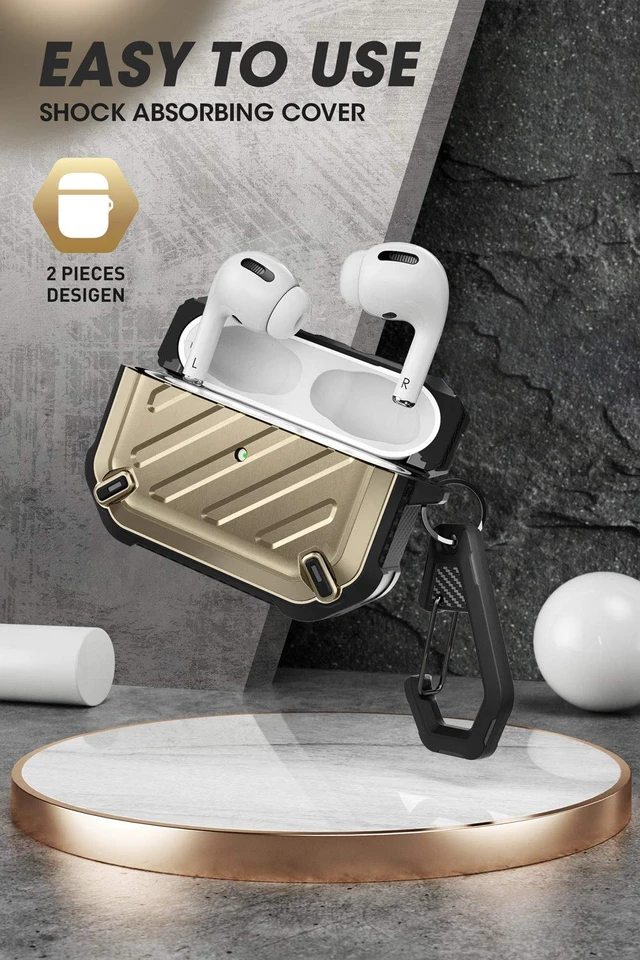 Alt view image 3 of 6 - for Airpods Pro Case (2019) with Carabiner, Gold Military-Grade Drop Protection,Anti-Scratch Hard Shell Cover for AirPods Pro 1st Generation,Supports Wireless Charging,UB Pro