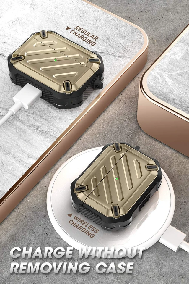 Alt view image 6 of 6 - for Airpods Pro Case (2019) with Carabiner, Gold Military-Grade Drop Protection,Anti-Scratch Hard Shell Cover for AirPods Pro 1st Generation,Supports Wireless Charging,UB Pro