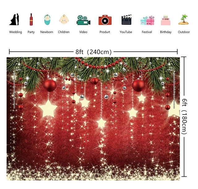 Alt view image 3 of 4 - Red Christmas Photography Backdrop 8x6FT Christmas Star Bauble Pine Decor, Xmas/Holiday Gathering/Family Party Backdrop, Lightweight Vinyl, Easy Hang & Wipe Clean