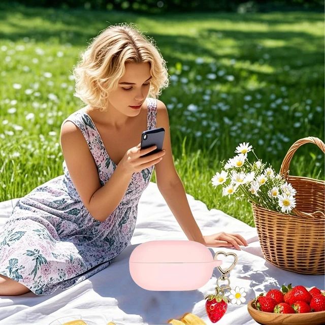 Alt view image 7 of 7 - for Beats Solo Buds Case Cover with Cute Strawberry Charm Heart Keychain, Soft Silicone Protective Case Daisy Key Chains for New Beats Solo Charging Case Earbuds for Women Men Pink
