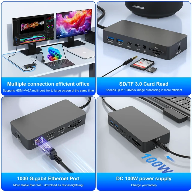 Alt view image 6 of 6 - Thunderbolt 4 Dock with 100W Power Supply - 12 in 1 Docking Station with Dual HDMI+VGA for Pro 11/10/9/8/X/7+, Laptop,Go