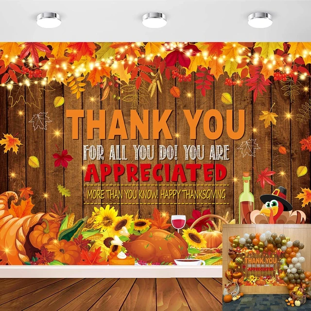 Main image of 8X6FT Fall Thank You Backdrop Happy Thanksgiving Photography Backgound Give Thanks Banner, Pumpkin Turkey Maple Leaf Fall Thanksgiving Friendsgiving Party Decorations,Photo Booth