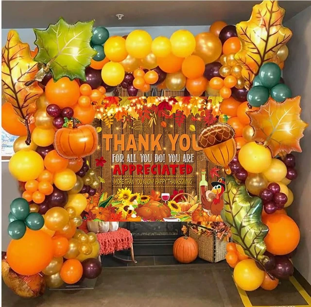 Alt view image 3 of 7 - 8X6FT Fall Thank You Backdrop Happy Thanksgiving Photography Backgound Give Thanks Banner, Pumpkin Turkey Maple Leaf Fall Thanksgiving Friendsgiving Party Decorations,Photo Booth