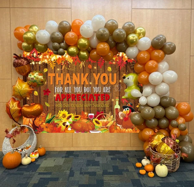 Alt view image 4 of 7 - 8X6FT Fall Thank You Backdrop Happy Thanksgiving Photography Backgound Give Thanks Banner, Pumpkin Turkey Maple Leaf Fall Thanksgiving Friendsgiving Party Decorations,Photo Booth