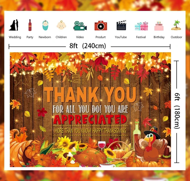 Alt view image 6 of 7 - 8X6FT Fall Thank You Backdrop Happy Thanksgiving Photography Backgound Give Thanks Banner, Pumpkin Turkey Maple Leaf Fall Thanksgiving Friendsgiving Party Decorations,Photo Booth