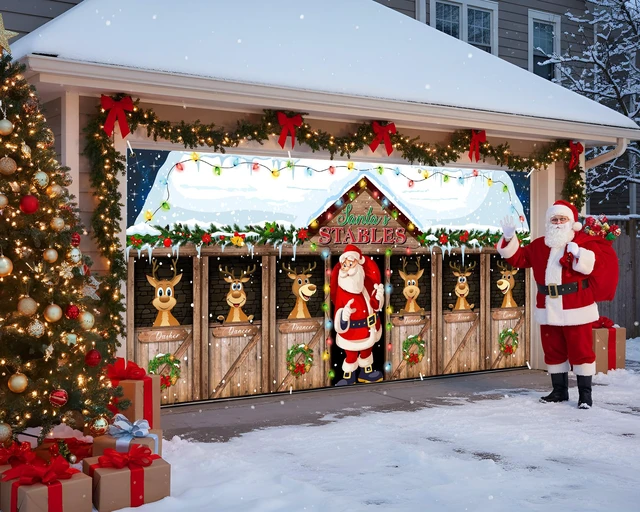 Alt view image 6 of 7 - 6 x 13 ft Christmas Garage Door Banner Decoration Magnetic Double Garage Door Covers Large Xmas Backdrop Decorations for Holiday Outdoor Indoor Party Decor(Santa Claus)