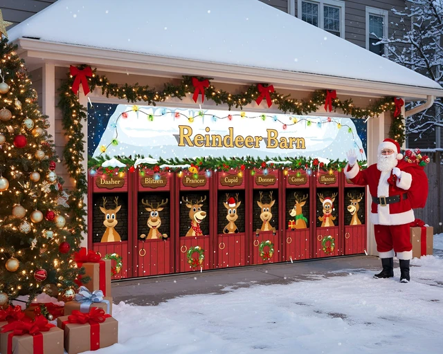 Alt view image 5 of 7 - 6 x 13 ft Christmas Garage Door Banner Decoration Magnetic Double Garage Door Covers Large Xmas Backdrop Decorations for Holiday Outdoor Indoor Party Decor(Reindeer Barn)