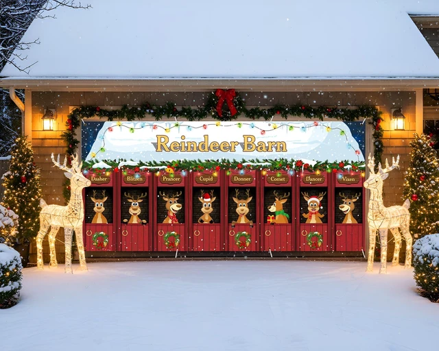 Alt view image 6 of 7 - 6 x 13 ft Christmas Garage Door Banner Decoration Magnetic Double Garage Door Covers Large Xmas Backdrop Decorations for Holiday Outdoor Indoor Party Decor(Reindeer Barn)