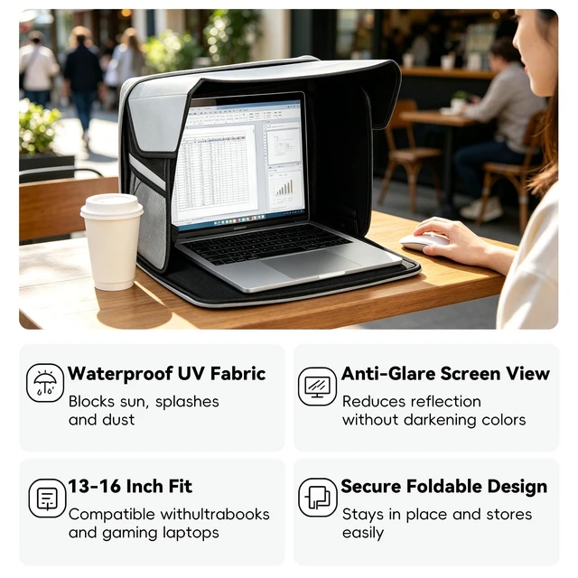Alt view image 4 of 7 - Portable Laptop Sunshade 13-16 Inch, UV & Heat Protection UV-resistant and waterproof material, easy to carry, suitable for various use scenarios, (light gray)