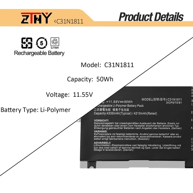 Alt view image 3 of 7 - 50Wh C31N1811 Laptop Battery Replacement for Asus ZenBook 14 UX433F UX433FA UX433FN RX433F RX433FA RX433FN BX433F BX433FN U4300F U4300FA U4300FN Deluxe13 Deluxe14 UX433FN-A6145T C31POJ5 C31PNJ5 11.55V