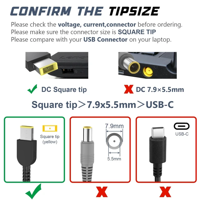 Alt view image 4 of 7 - 20V 3.25A 65W Rectangle USB Tip Laptop AC Adapter for Lenovo Thinkpad T470 T470S T460 E531 E570 E560 L470 L460 L440 T440 T450 T540P X270 X250 X240 Laptop Charger with Power Adapter