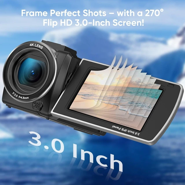 Alt view image 5 of 6 - 4K Camcorder 64MP IR Night Vision 18X Zoom YouTube Vlog Mini Tripod 3.0" touch screen, 18X digital zoom, mini tripod included, vlogging camera, video recording, portable camcorder