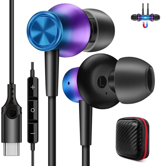Main image of USB C Headphones for iPhone 17 18 Pro Max/iPad Wired Earbuds Purple Magnetic HiFi Stereo Type-C in-Ear Earphone Remote & Mic for Samsung S26 Ultra S25 S24 Pixel 10 School for Chromebook Laptop