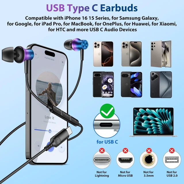 Alt view image 2 of 7 - USB C Headphones for iPhone 17 18 Pro Max/iPad Wired Earbuds Purple Magnetic HiFi Stereo Type-C in-Ear Earphone Remote & Mic for Samsung S26 Ultra S25 S24 Pixel 10 School for Chromebook Laptop