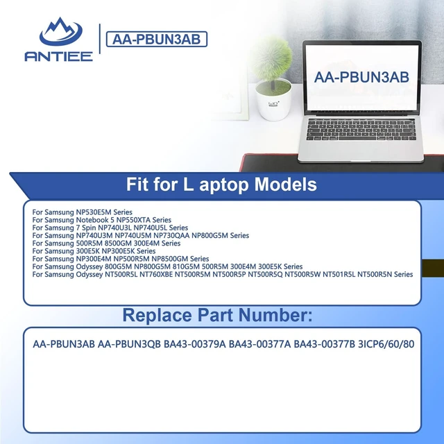 Alt view image 3 of 7 - AA-PBUN3AB AA-PBUN3QB 43Wh Tablet Battery for Samsung Notebook 5 NP300E5K NP530E5M NP550XTA NP730QAA NP740U3L NP740U5L NP740U5M NP800G5M 300E5K 300E4M 500R5M 550XAA 8500GM 810G5M Series 11.4V