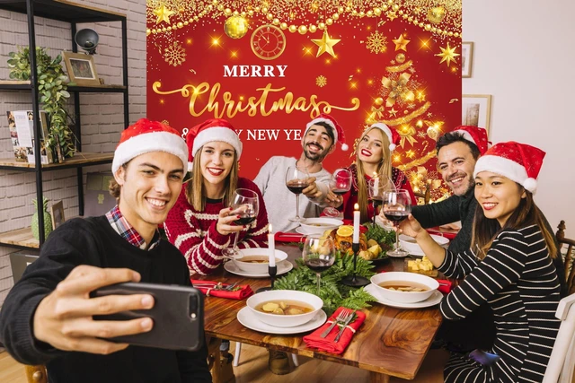 Alt view image 3 of 7 - Merry Christmas Backdrop 10x8FT Red and Gold Glitter Christmas Happy New Year Family Party Decorations Xmas Indoor Outdoor Holiday Winter Photography Supplies