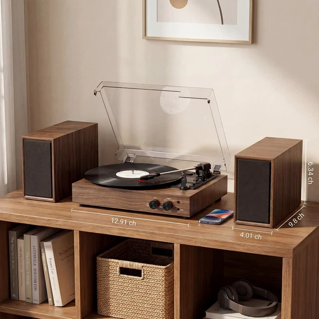 Alt view image 5 of 7 - Record Player with External Speakers Bluetooth 3-Speed Turntable Walnut Turntable for Vinyl Records, Dual Stereo Speakers, Vinyl to MP3 PC Recoding, AUX Input Headphone Jack and RCA Out