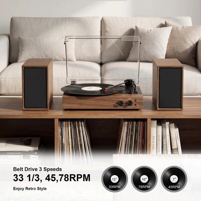Alt view image 7 of 7 - Record Player with External Speakers Bluetooth 3-Speed Turntable Walnut Turntable for Vinyl Records, Dual Stereo Speakers, Vinyl to MP3 PC Recoding, AUX Input Headphone Jack and RCA Out