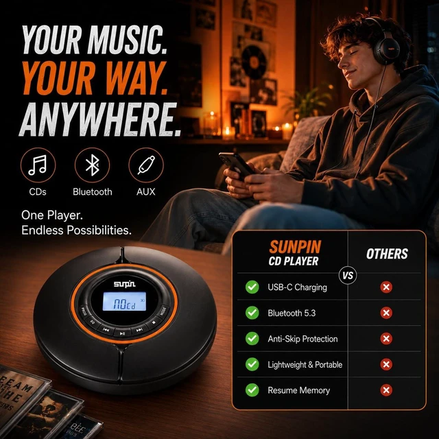 Alt view image 2 of 7 - Portable CD Player, Bluetooth Output, USB-C Rechargeable USB-C rechargeable personal CD player with Bluetooth output, 10-hour CD playback, MP3 support, anti-shock and resume memory