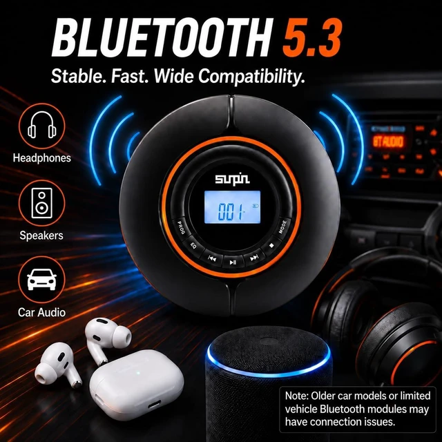 Alt view image 6 of 7 - Portable CD Player, Bluetooth Output, USB-C Rechargeable USB-C rechargeable personal CD player with Bluetooth output, 10-hour CD playback, MP3 support, anti-shock and resume memory