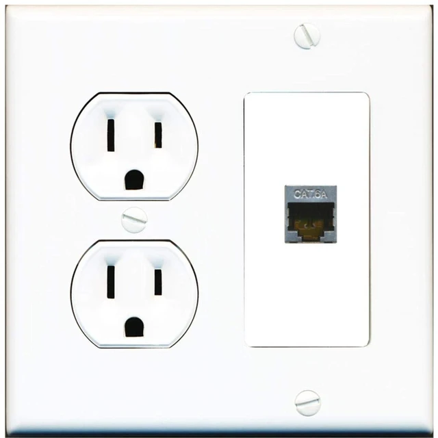 Main image of 15 Amp Round Power Outlet 1 Port Cat6a Shielded Ethernet Wall Plate White
