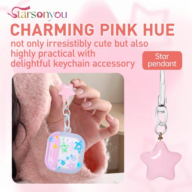 Alt view image 5 of 7 - AirPods 4 Case, Star Pattern Cover with Keychain, Pink Cute star pattern adds a playful look, while the protective cover and keychain make your AirPods 4 easy to carry and protect