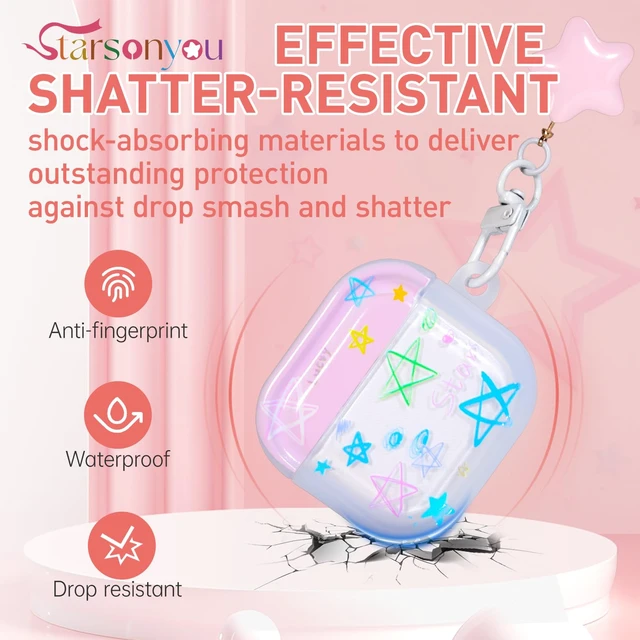 Alt view image 7 of 7 - AirPods 4 Case, Star Pattern Cover with Keychain, Pink Cute star pattern adds a playful look, while the protective cover and keychain make your AirPods 4 easy to carry and protect