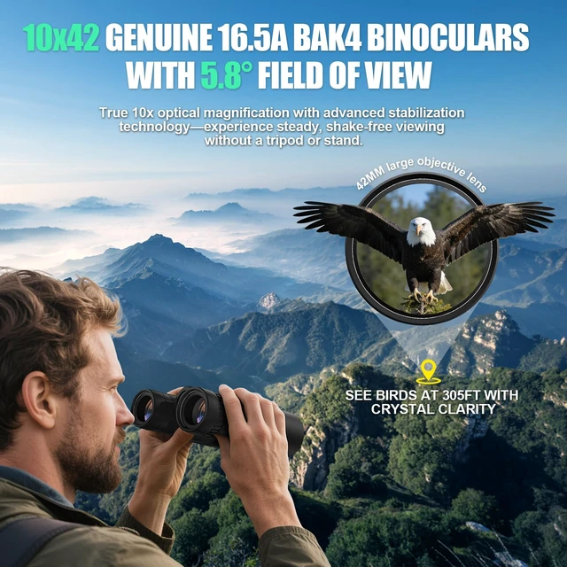 Alt view image 2 of 7 - 10x42 Binoculars with BAK4 Prism & FMC Coating - Waterproof Bird Watching Binoculars for Adults, Clear Daylight Vision for Hiking, Travel, Sports Events & Wildlife Observation