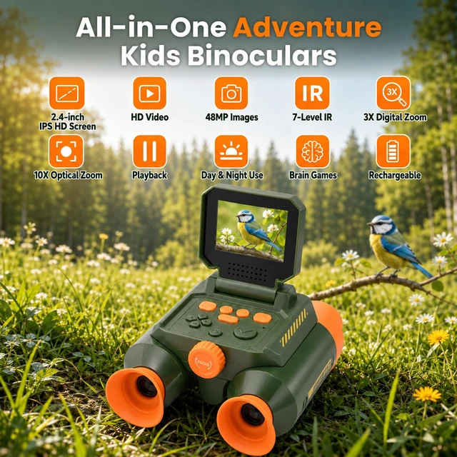 Alt view image 2 of 7 - Binoculars for Kids with Camera & Night Vision, 48MP Photos 1080P Video 10X Zoom, 2.4" IPS Screen, 850nm Night Vision, 20+ Learning Games, STEM Outdoor Toys Gifts for Kids Ages 4-8-12, Green