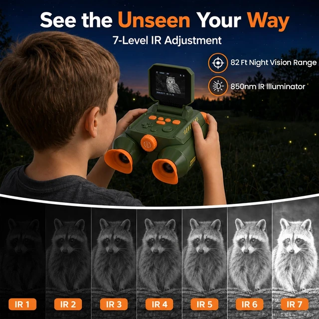 Alt view image 3 of 7 - Binoculars for Kids with Camera & Night Vision, 48MP Photos 1080P Video 10X Zoom, 2.4" IPS Screen, 850nm Night Vision, 20+ Learning Games, STEM Outdoor Toys Gifts for Kids Ages 4-8-12, Green