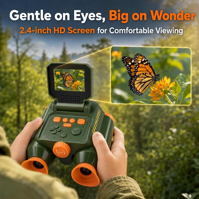Alt view image 5 of 7 - Binoculars for Kids with Camera & Night Vision, 48MP Photos 1080P Video 10X Zoom, 2.4" IPS Screen, 850nm Night Vision, 20+ Learning Games, STEM Outdoor Toys Gifts for Kids Ages 4-8-12, Green