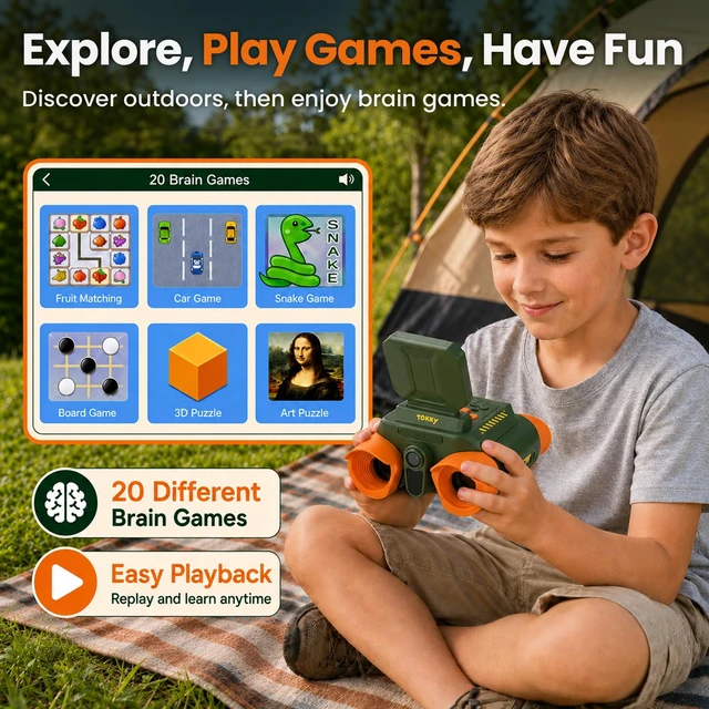 Alt view image 6 of 7 - Binoculars for Kids with Camera & Night Vision, 48MP Photos 1080P Video 10X Zoom, 2.4" IPS Screen, 850nm Night Vision, 20+ Learning Games, STEM Outdoor Toys Gifts for Kids Ages 4-8-12, Green