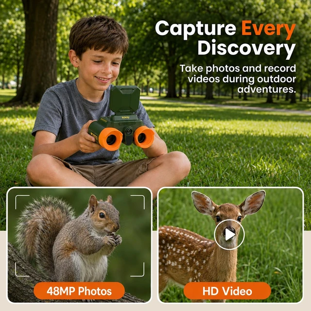 Alt view image 4 of 7 - Binoculars for Kids with Camera & Night Vision, 48MP Photos 1080P Video 10X Zoom, 2.4" IPS Screen, 850nm Night Vision, 20+ Learning Games, STEM Outdoor Toys Gifts for Kids Ages 4-8-12, Green