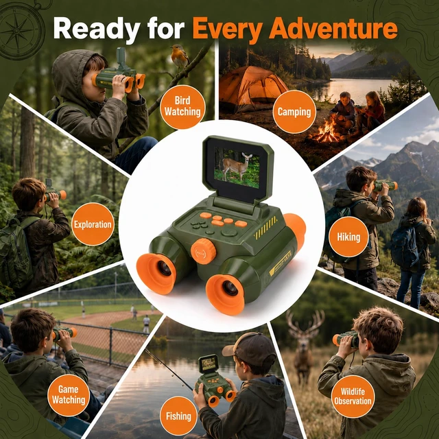 Alt view image 7 of 7 - Binoculars for Kids with Camera & Night Vision, 48MP Photos 1080P Video 10X Zoom, 2.4" IPS Screen, 850nm Night Vision, 20+ Learning Games, STEM Outdoor Toys Gifts for Kids Ages 4-8-12, Green