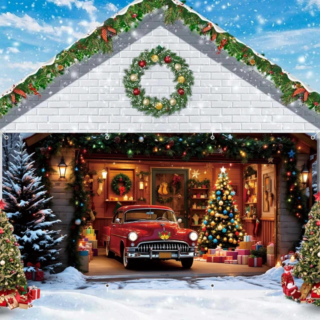 Alt view image 3 of 7 - Christmas Garage Door Cover Decorations 7x16ft Xmas Winter Holiday Backdrop Banner Mural Truck Snow Tree Photo Background Outdoor Decor