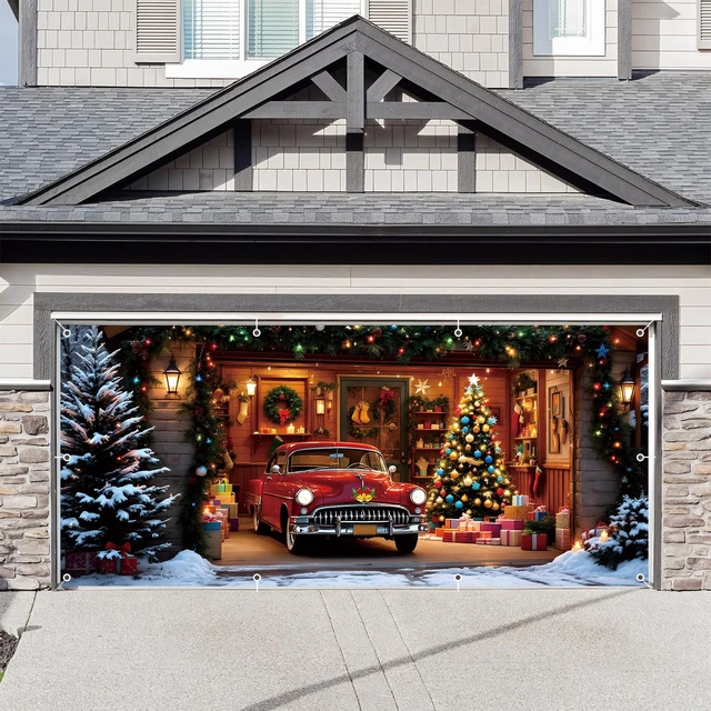 Alt view image 2 of 7 - Christmas Garage Door Cover Decorations 7x16ft Xmas Winter Holiday Backdrop Banner Mural Truck Snow Tree Photo Background Outdoor Decor