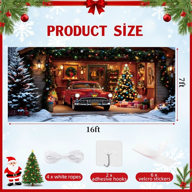 Alt view image 4 of 7 - Christmas Garage Door Cover Decorations 7x16ft Xmas Winter Holiday Backdrop Banner Mural Truck Snow Tree Photo Background Outdoor Decor